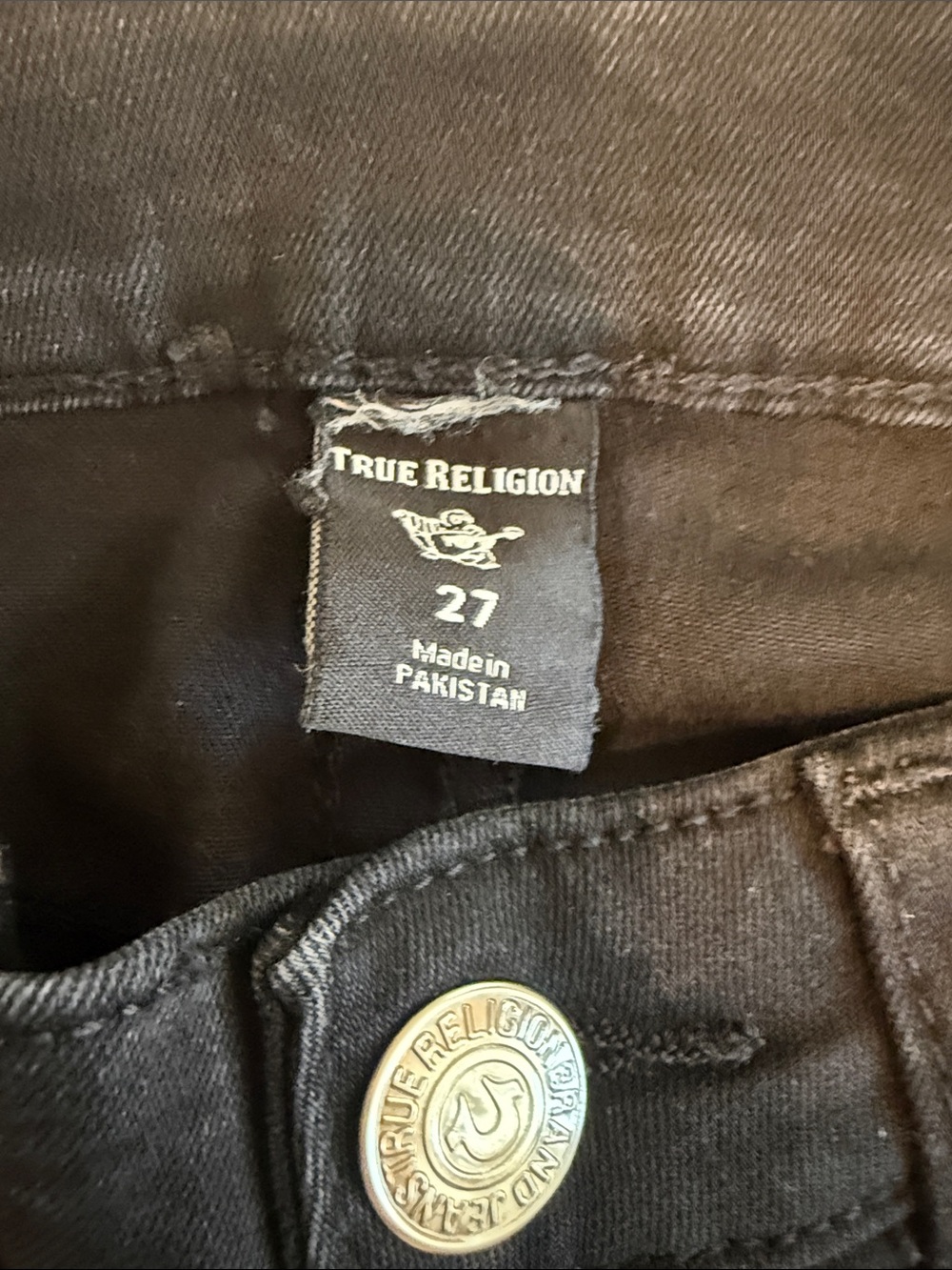 True Religion Men’s Black Slim Jeans with Branded Button